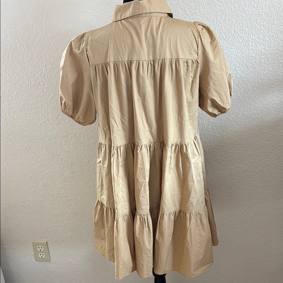 Zara Tan Puff Sleeved Button Down Collared Poplin Mini Dress 0140 - Picture 6 of 8